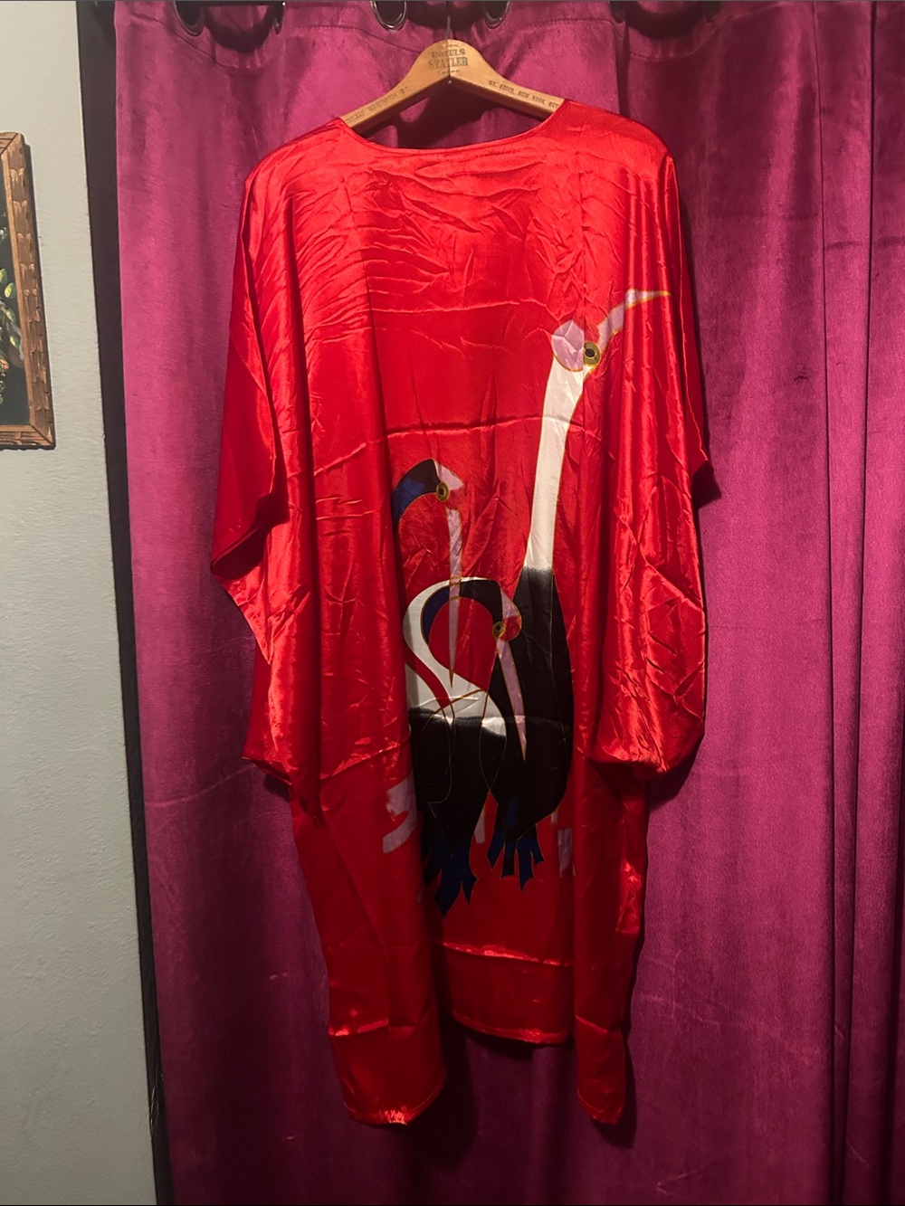 Red Satin Long-Sleeve Graphic Kaftan Dress by - Picture 3 of 4